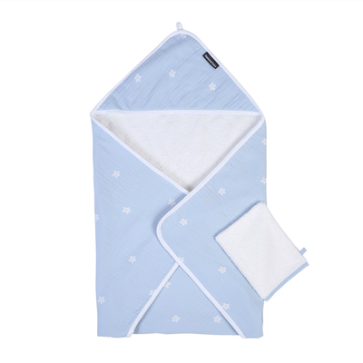 Bath Cape + Face Cloth - 80x80 Cm - Muslin Flower Blue 