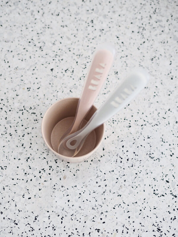 1st stage 2 silicone spoon set + carry box grey/pink
