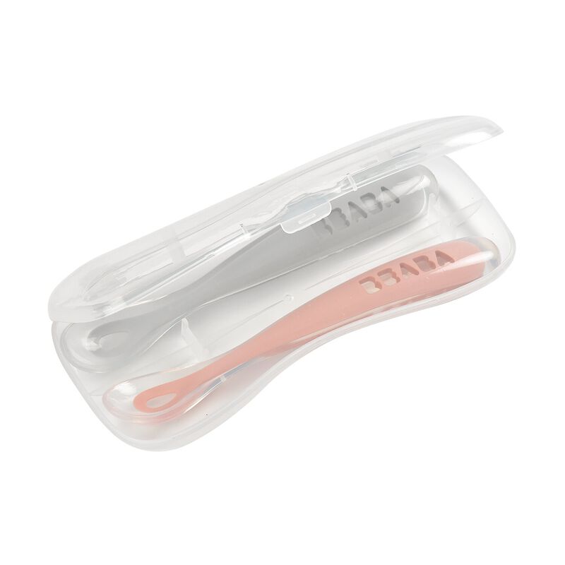 1st stage 2 silicone spoon set + carry box grey/pink