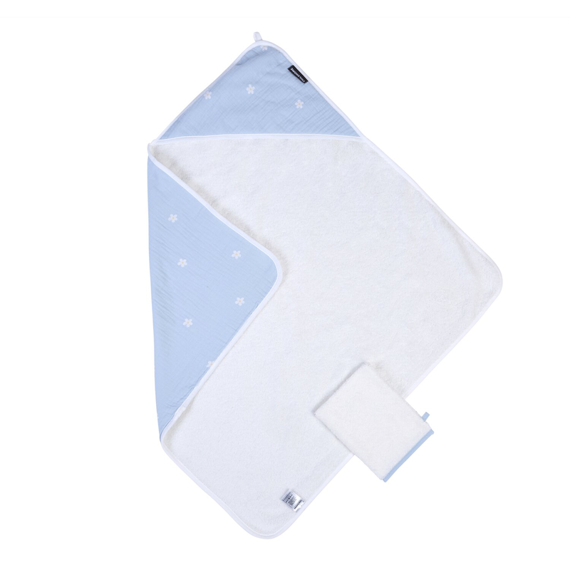 Bath Cape + Face Cloth - 80x80 Cm - Muslin Flower Blue 