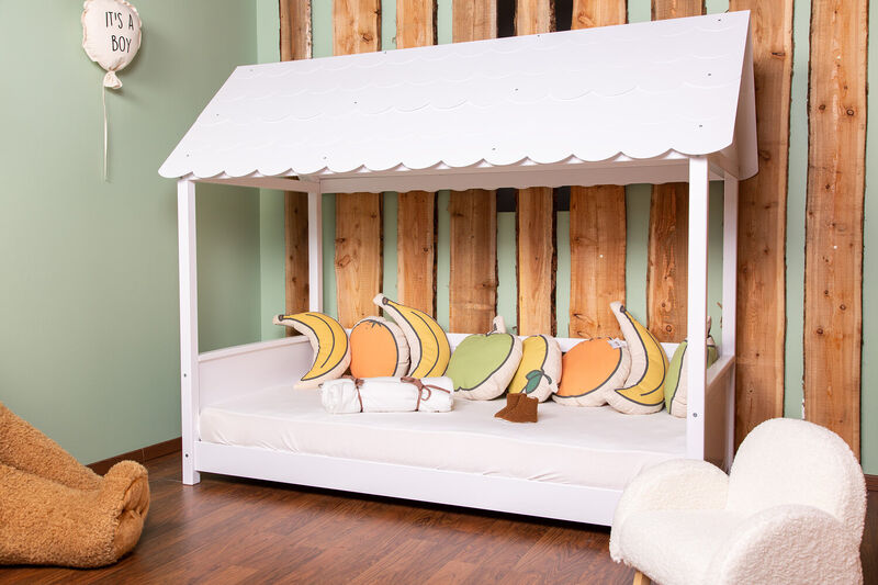 Lit Cabane Avec Toit - 90x200 Cm - Bois - Blanc