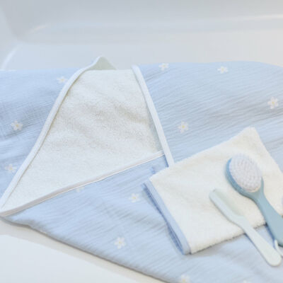Bath Cape + Face Cloth - 80x80 Cm - Muslin Flower Blue 