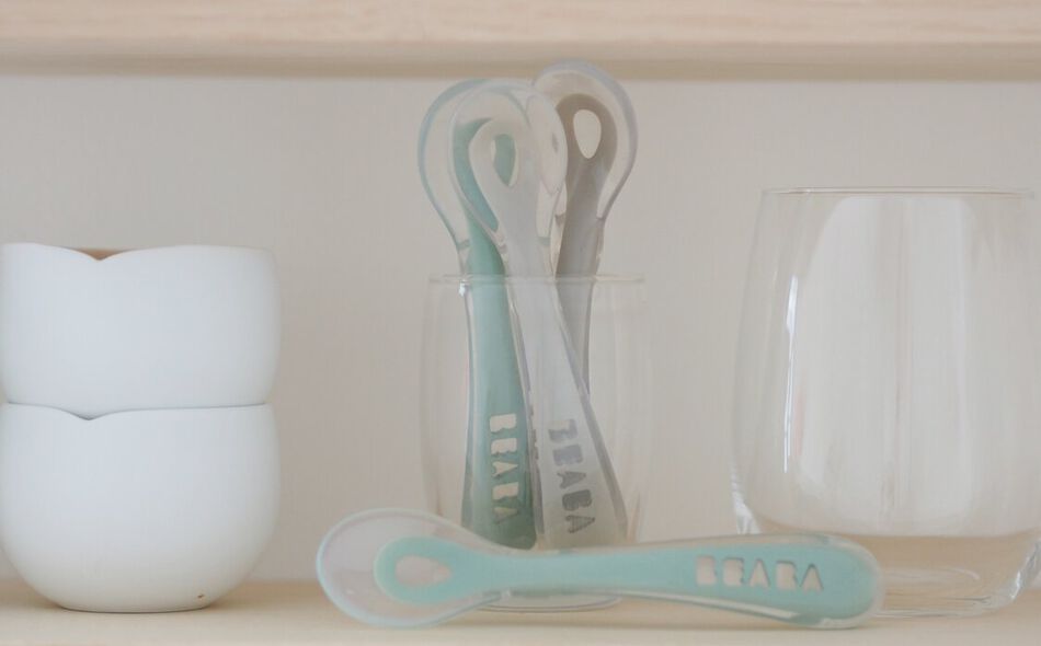 Lot 4 cuill&egrave;res 2&egrave;me &acirc;ge silicone velvet grey / sage green